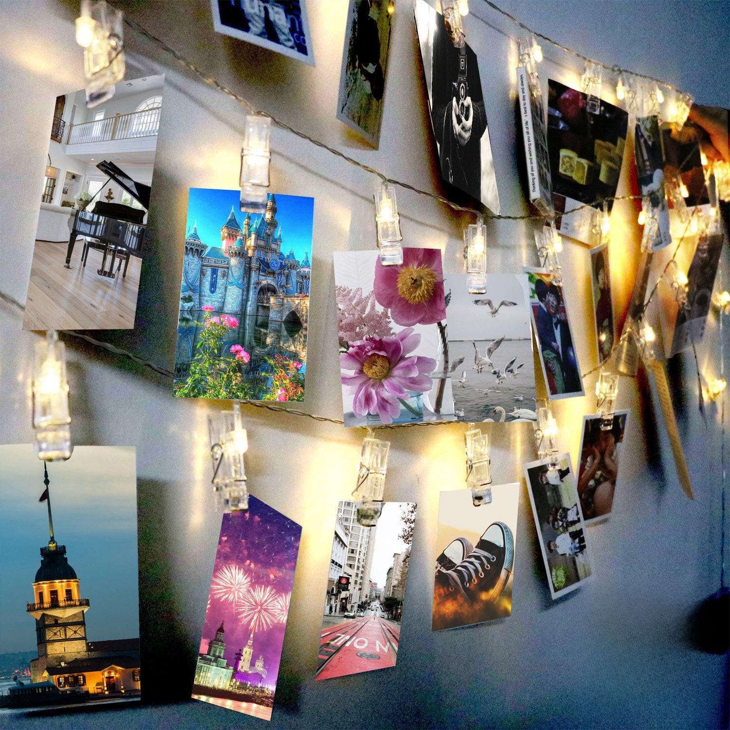 LED Photo Clip String Lights - Exqline 40 Photo Peg Lights 5M Battery Powered Christmas Fairy Lights Perfect for Hanging Photos, Notes, Paintings Card and Memos Indoor Outdoor Decoration - Warm White
