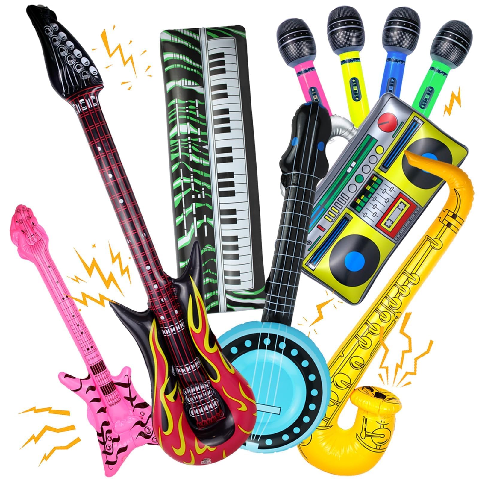 Photo 1 of 10 Pieces Inflatable Instruments Party Props Set Photo Booth Props Inflatable Guitar Saxophone Bass Lute Microphone Recorder Piano Theme Party Rock Toys Decorated Vintage Period Party