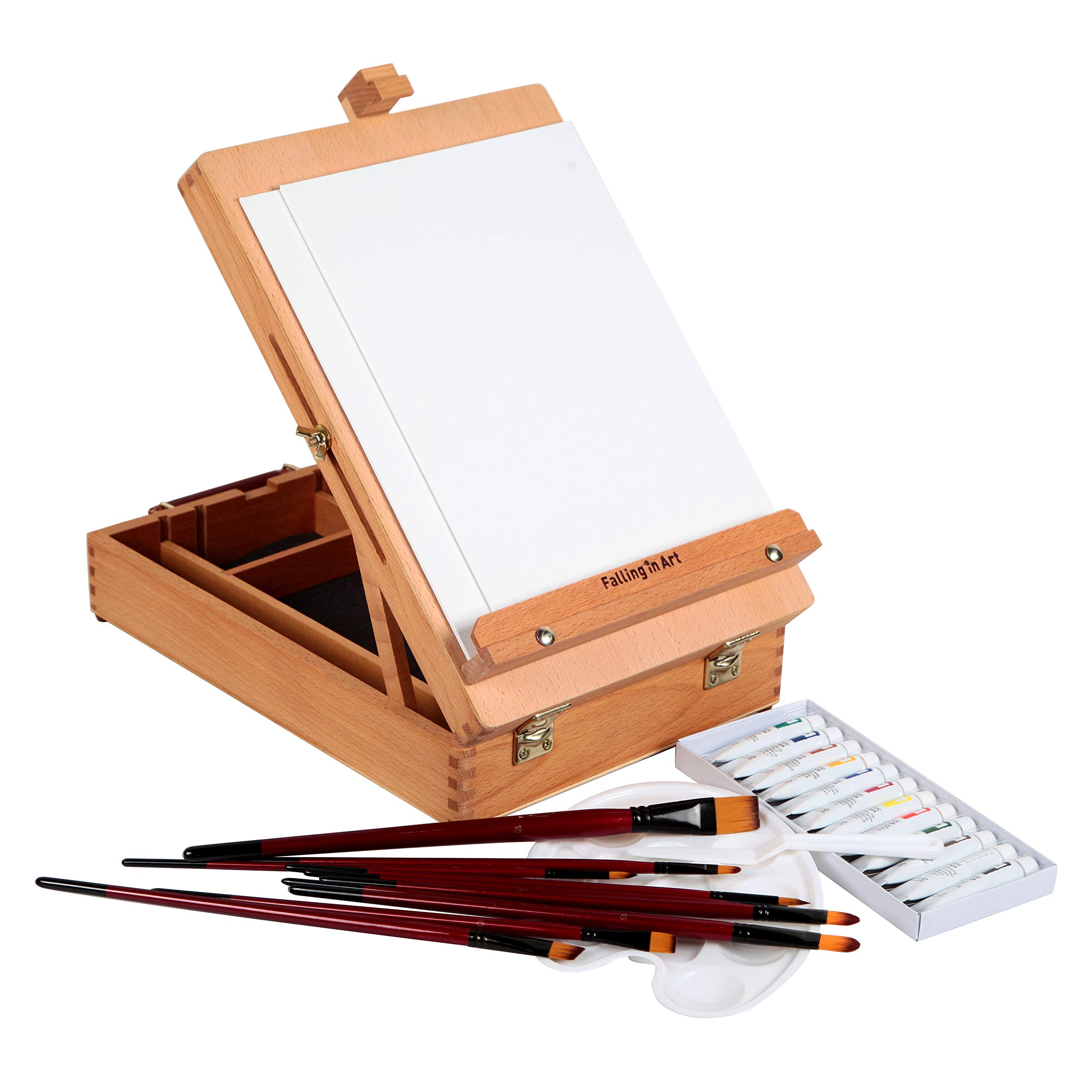 Falling in Art Beechwood Easel Box Set, 27 Pcs Tabletop Acrylic Paint Set, Portable Display Easel Stand with 12 Acrylic Paints, Canvas Panels and Brushes, Suitable for Beginners and Professionals