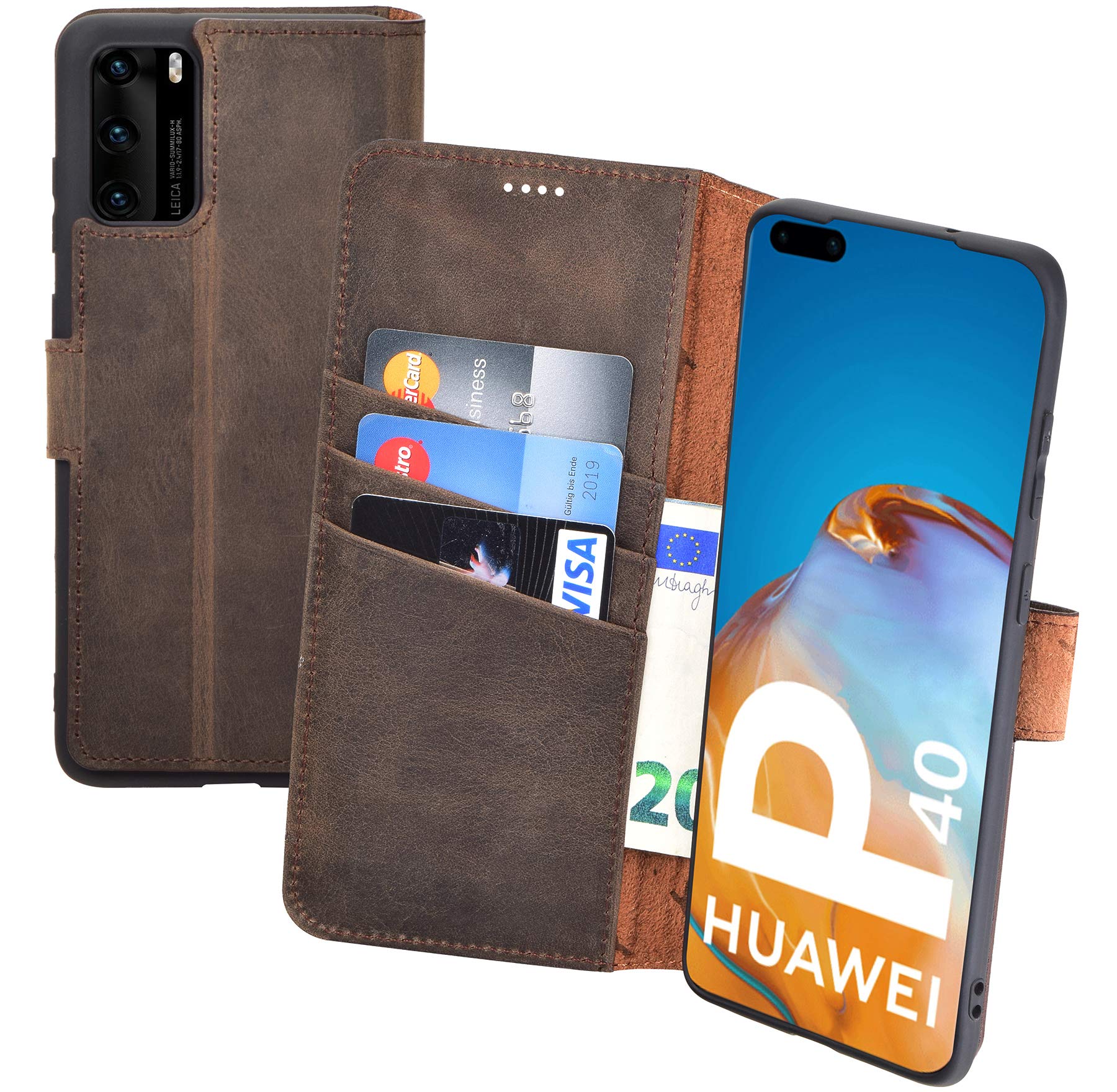 Suncase Book-Style Case Compatible with Huawei P40 Leather Case (Slim Fit) Leather Mobile Phone Case Protective Case with 3 Card Slots in Antique Brown — image 1