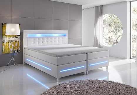 wohnenluxus Boxspringbett 180x200 Weiß Palermo LED Hotelbett Kopflicht (Weiß, 180x200)
