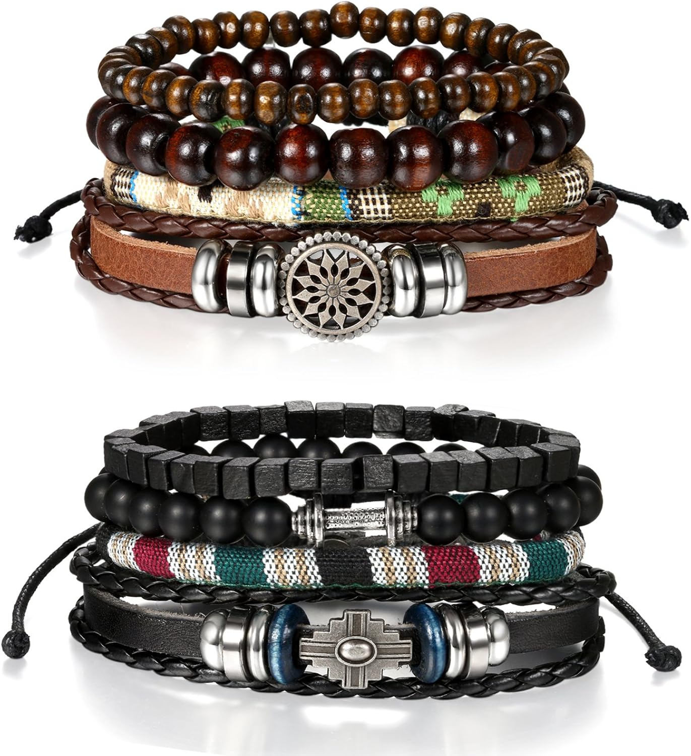 Oidea 8pcs Stackable Multi Leather Layer Wood Beads Dumbbell Tribal Link Cuff Bracelet for Men Women