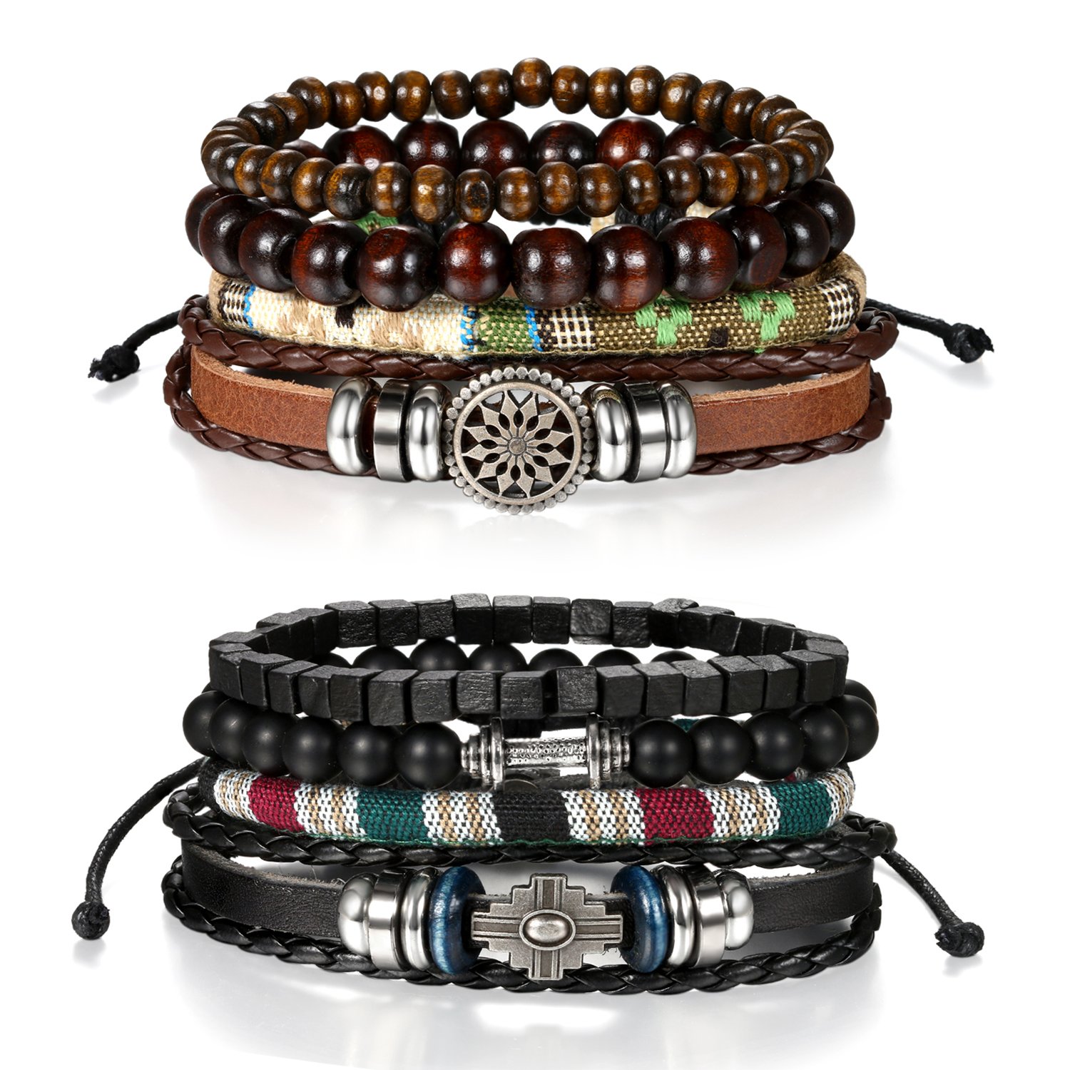 Oidea 8pcs Stackable Multi Leather Layer Wood Beads Dumbbell Tribal Link Cuff Bracelet for Men Women