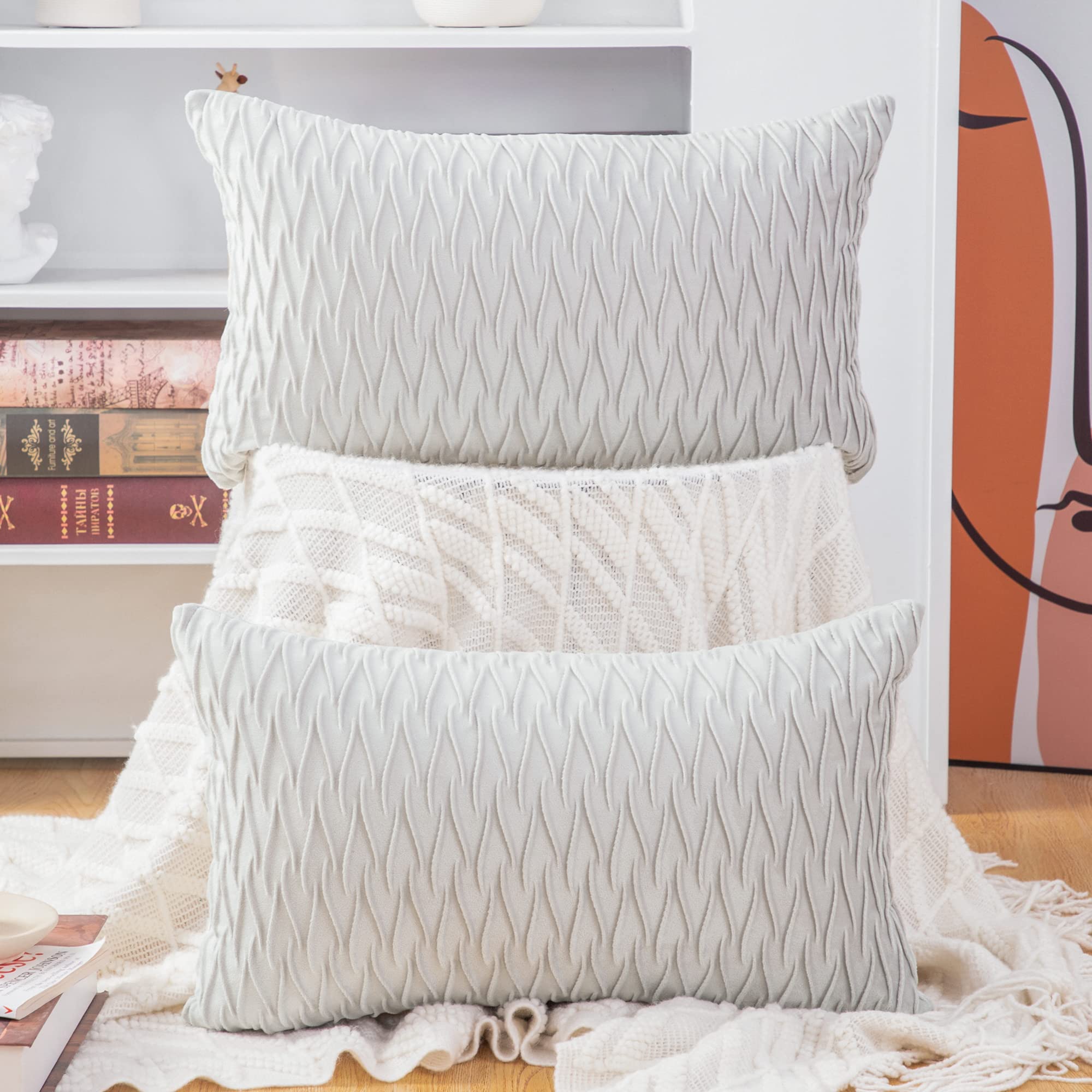 Madizz Pack of 2 Super Soft Velvet Decorative Cushion Covers with Texture Luxury Style Throw Pillow Cases Pillow Shell for Sofa Bedroom Greyish White 12x20 inch Rectangular