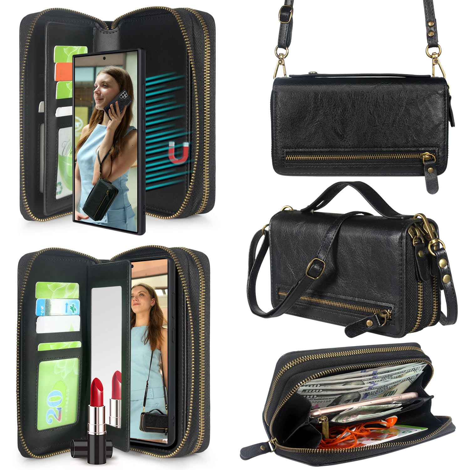 Photo 1 of Harryshell Compatible with Samsung Galaxy S23 Ultra 5G (2023) Case Wallet Multi Zipper Detachable Magnetic Cover Purse Bag with Card Slots Holder Mirror Crossbody Wrist Strap (Black)