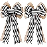 2 Pack Black White Stripe Burlap Fall Bows for Wreaths Decorations,Rustic Farmhouse Crafts Bow Wrapping Tree Topper Wedding Holiday Birthday Party Wall Home Front Door