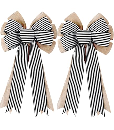 2 Pack Black & White Striped Halloween Bows - 12" Large Fall Wreath Bows For Christmas Trees, Doors, Gifts, Parties & Holiday Decor