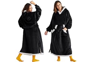 Bedsure Wearable Blanket Hoodie, Long Hooded Blanket Sweatshirt as Birthday Gifts for Women, Cozy Sherpa Hoodie for Adult, Standard, Black