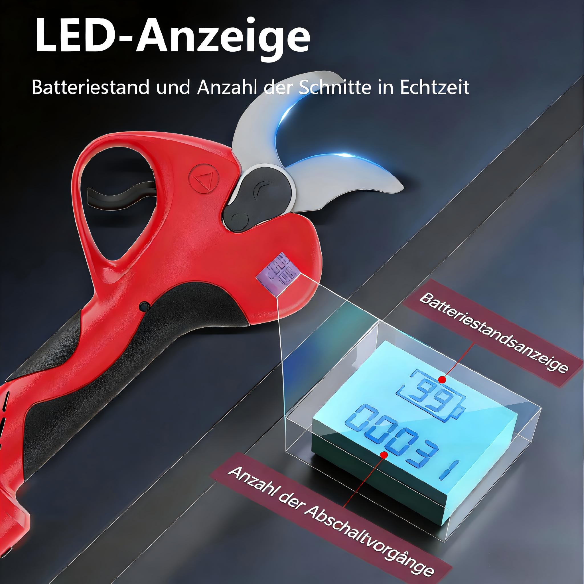 OUTIGO Elektrische Zuschneideschere, ausgestattet mit 2 Batterien 3000mAh, 40mm, mit Display, Bürstenloser Motor, geeignet für Gartenbau, Obstbäume, Weinberge 8