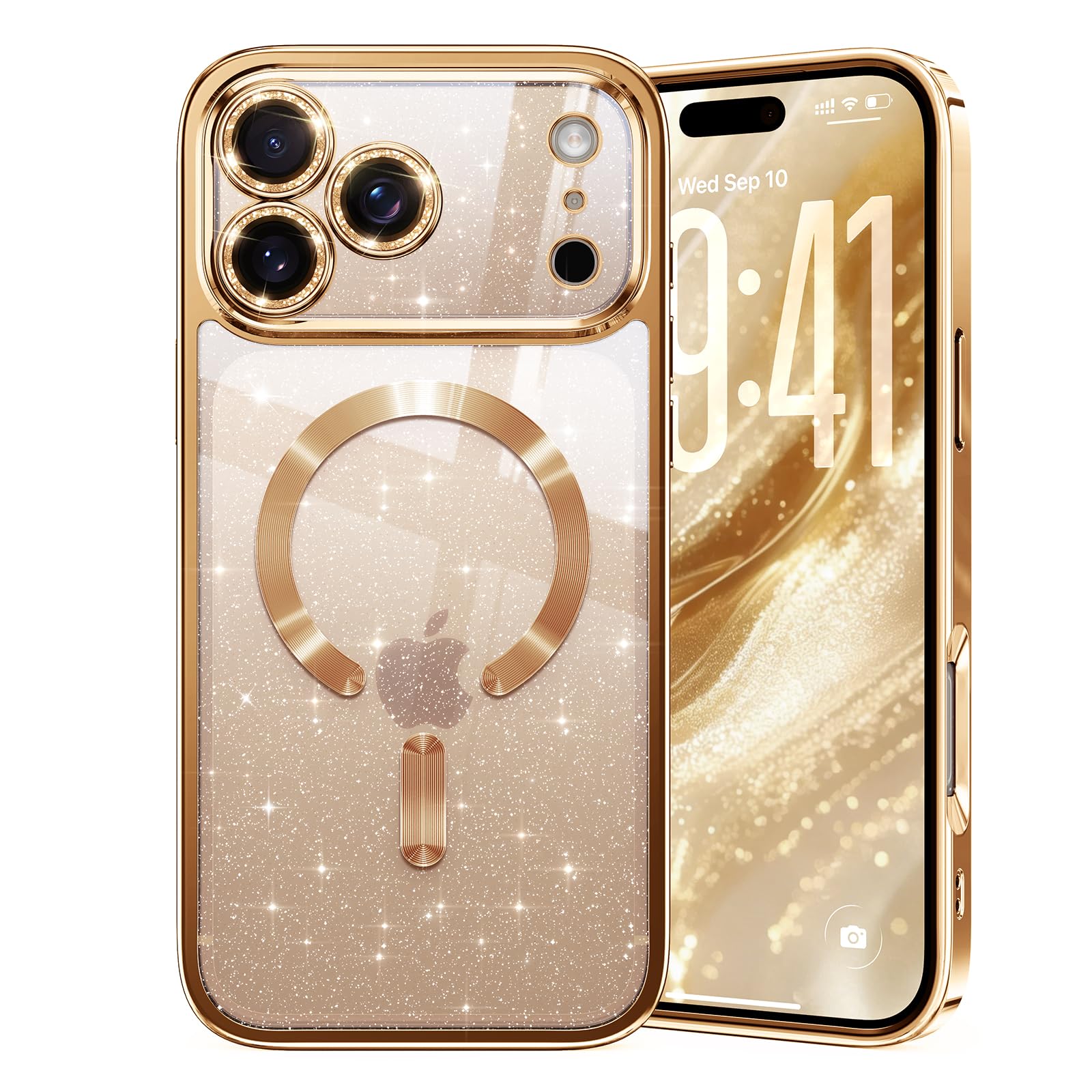 Photo 1 of Glitter for iPhone 17 Pro Max Case with Eye-catching Integrated Lens Protection, [Sparkly Bling Back Panel] [Seamless Work with Magsafe] Cute Women Girly Case for iPhone 17 Pro Max Desert Titanium