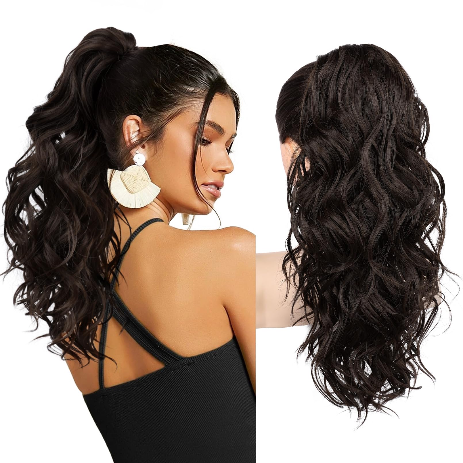 Photo 1 of REECHO Ponytail Extension, 18" Claw Clip Ponytail Extension Wavy Ponytails Hair Extensions Jaw Clip on Pony Tails Natural Synthetic Hairpiece for Women Daily, Black Brown
