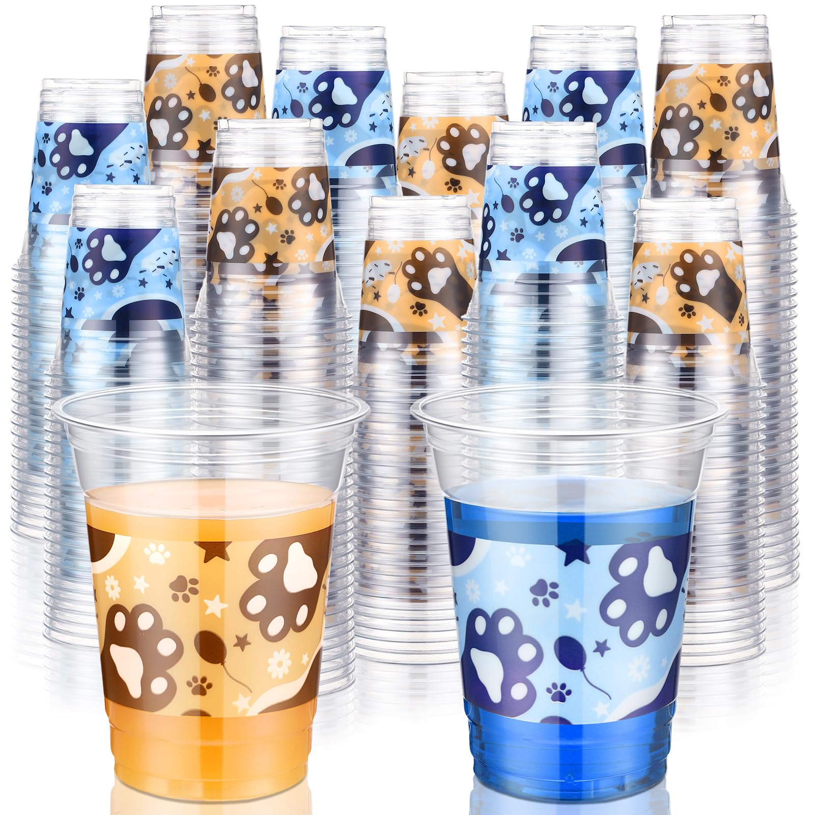 Photo 1 of Jingmore 100 PCS Blue Dog Birthday Favor Cups Bulk 12oz Plastic Dog Paw Prints Cups Disposable Cartoon Blue Orange Party Decorations Supplies 