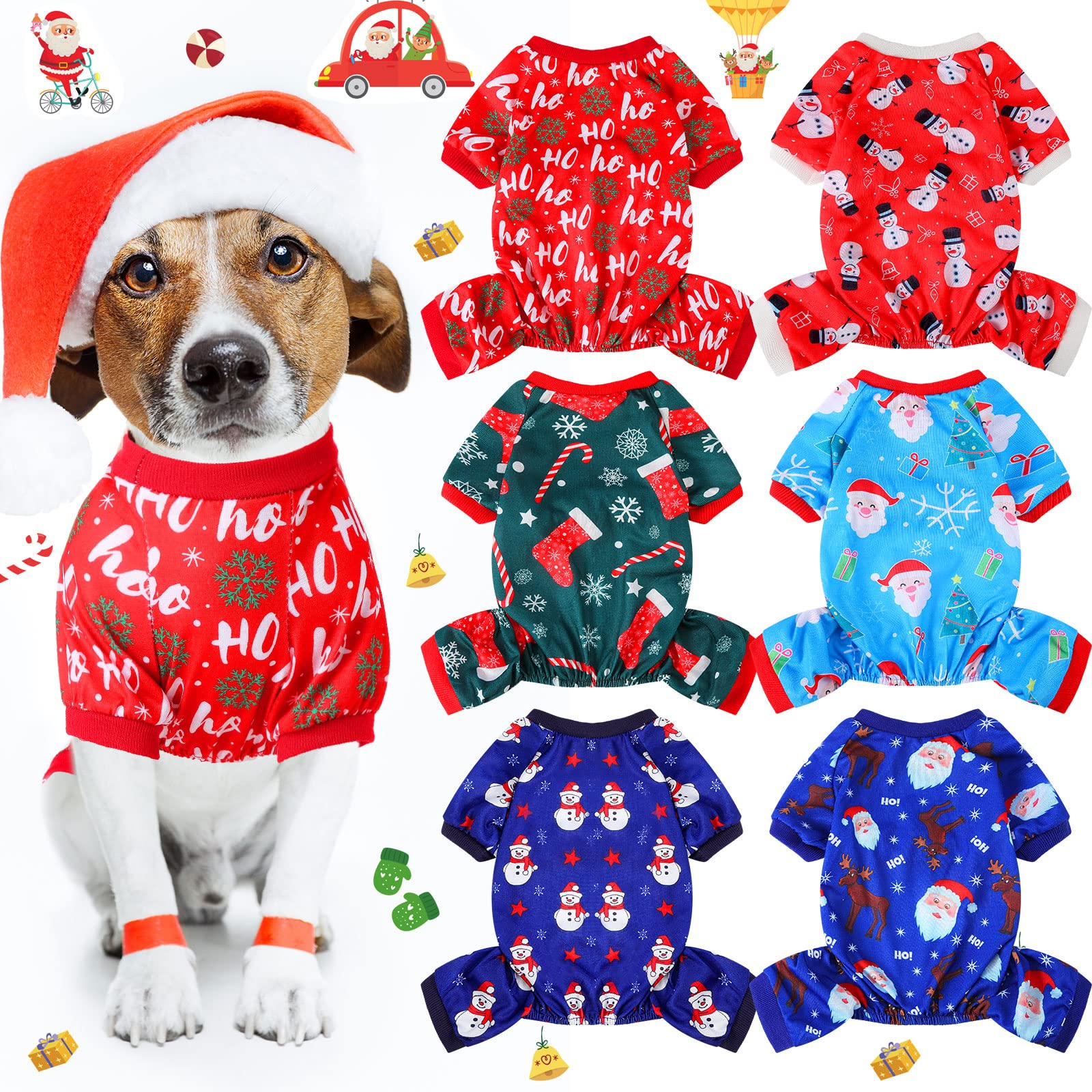 Xuniea 6 Pieces Christmas Dog Pajamas Christmas Jumpsuit Santa Snowman Christmas Tree Pet Pajamas Holiday Clothes Dog Puppy Christmas Style for Pet Puppy Dog Cat Christmas Decoration (Medium)