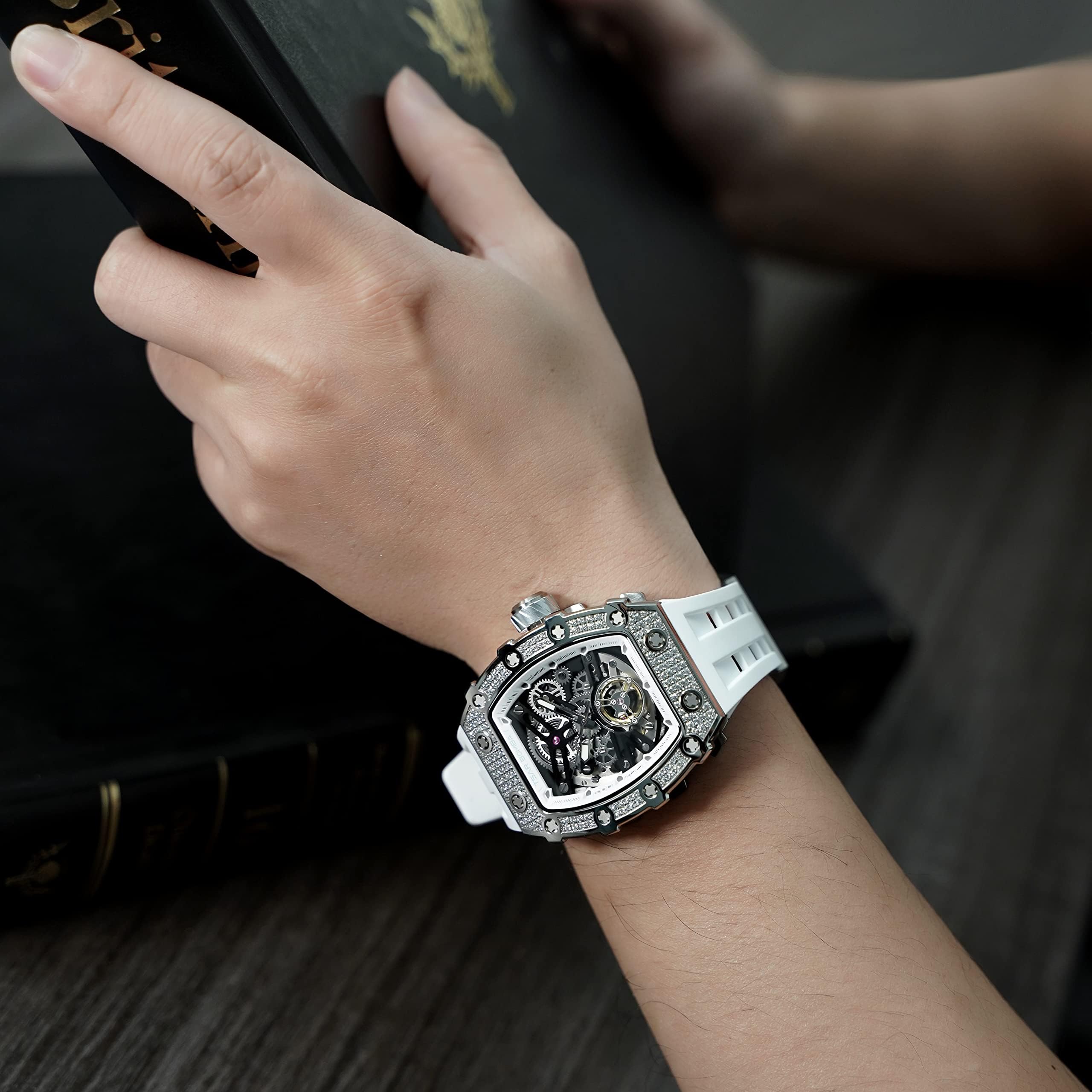 TSAR BOMBA Watch for Men, 50M Waterproof Automatic Mens Watch, Skeleton Mechanical Tonneau Big Face Dial Black Watch with Silicone Watch Bands, Gifts for Men