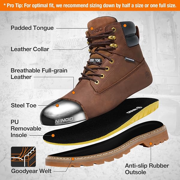 NINGO WATERPROOF STEEL TOE WORK BOOTS FOR MEN, 6″ NON SLIP COMFORTABLE LEATHER WORKBOOTS, MENS SAFETY CONSTRUCTION SHOES FOR OUTDOOR INDUSTRIAL