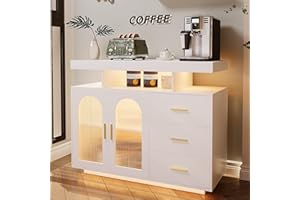 Sideboard Buffet Cabinets with Storage, Coffee Bar Table with 3 Drawers and Shelf, Kitchen Cupboard with RGB Light and Human 