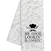Jxubeuro Mr.Good Looking is Cooking,Funny Kitchen Towels,BBQ Grilling Cooking Dish Towels,Dish Towels for Kitchen Decor,Hilarious Hand Towels,Chef Gift,Kitchen Gift for Men, 16x24in, White