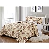 MK Home 2pc Twin/Twin Extra Long Bedspread Quilted Print Floral Beige Red Blue Taupe Over Size New # Jane