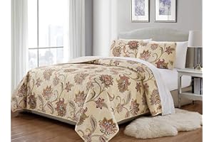 MK Home 2pc Twin/Twin Extra Long Bedspread Quilted Print Floral Beige Red Blue Taupe Over Size New # Jane