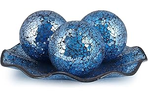 MDLUU Centerpiece Bowl and Balls Set, Mosaic Tray with 3 Pieces Spheres, 12" Decorative Plate with 4" Mosaic Orbs for Home Decor, Gift (Turquoise)