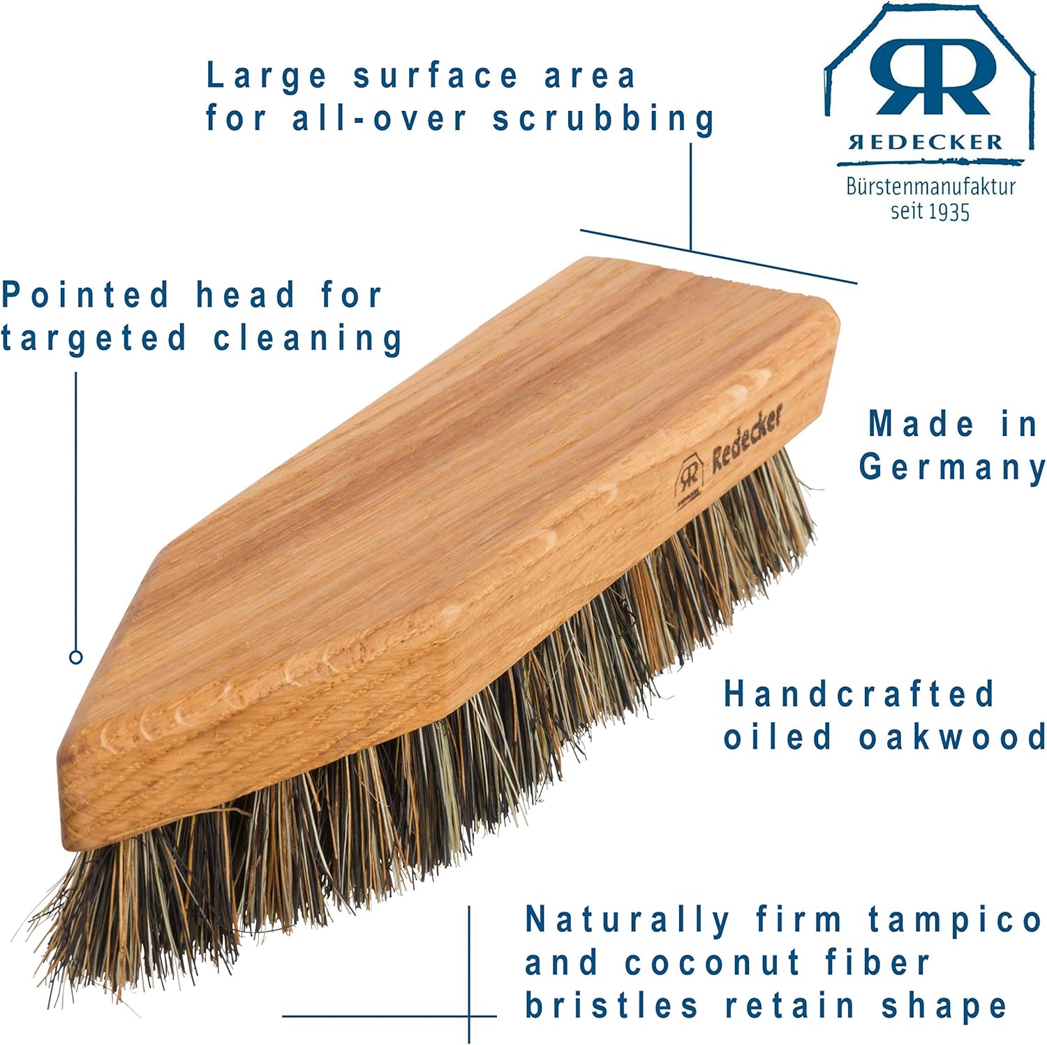 7-1//2-Inches Redecker Coconut and Tampico Fiber Shoe Dirt Brush with Oiled Oakwood Handle