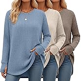 Velvelhall 3 Pack Women's Long Sleeve Tops with Thumb Hole Ribbed Crew Neck Loose Fit Shirts Fall Winter Clothes Outfits