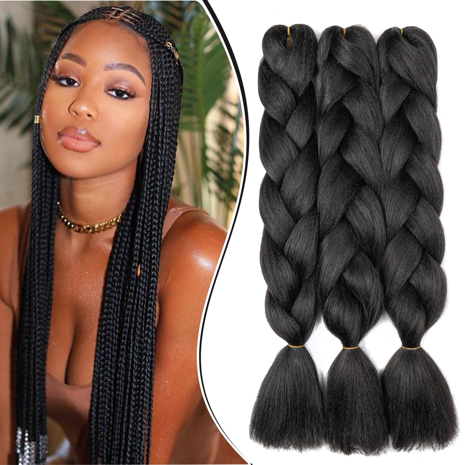 Dcbaboo Jumbo Braiding Hair Extensions - 3 Packs, 24 Inch, Synthetic Kanekalon Ombre for Afro Crochet Braids and Twists - 300g, Black — image 1
