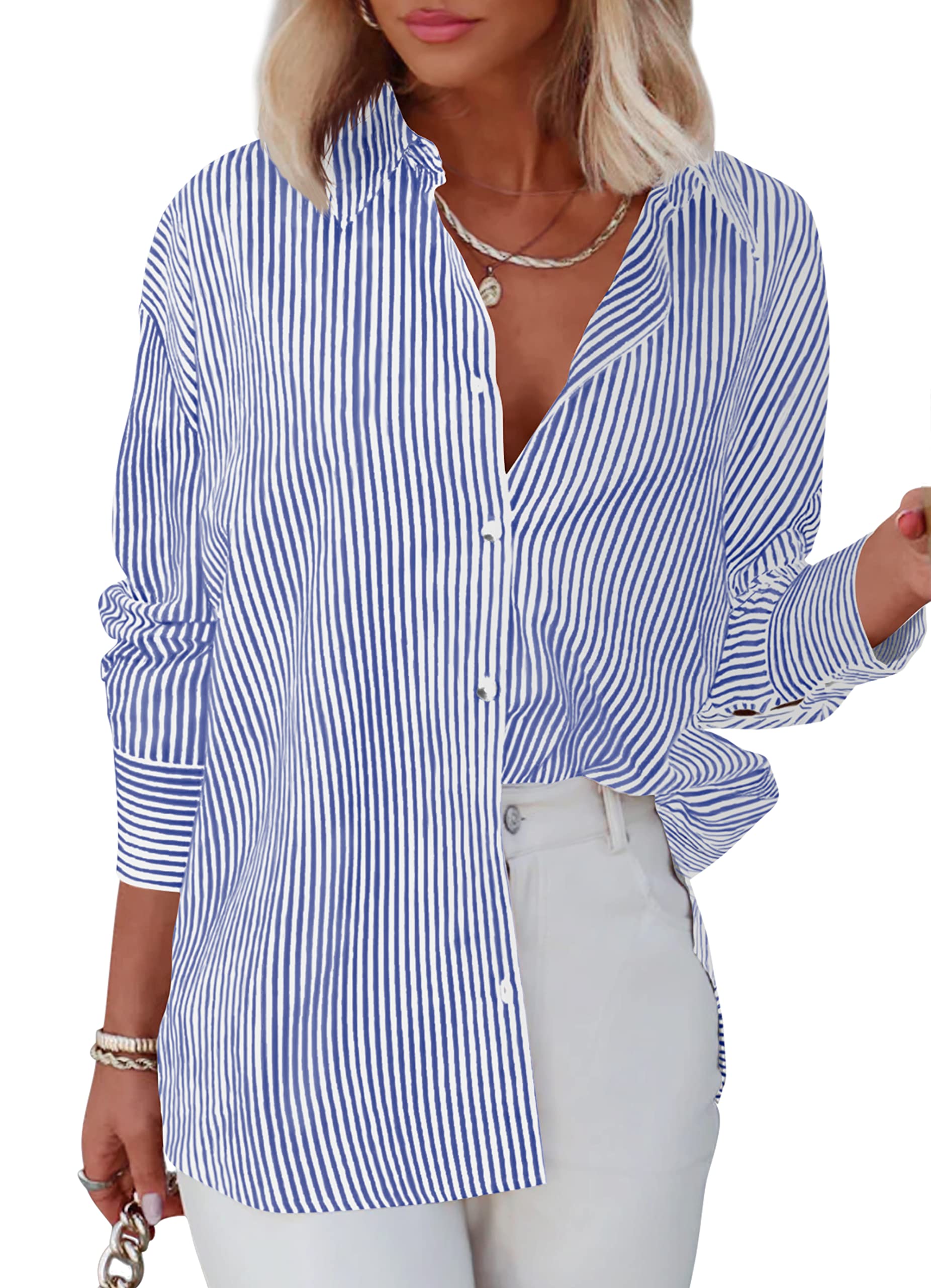 Photo 1 of Diosun Womens Striped Button Down Shirts Classic Long Sleeve Stylish Collared Office Work Blouses Tops (Small, Blue)