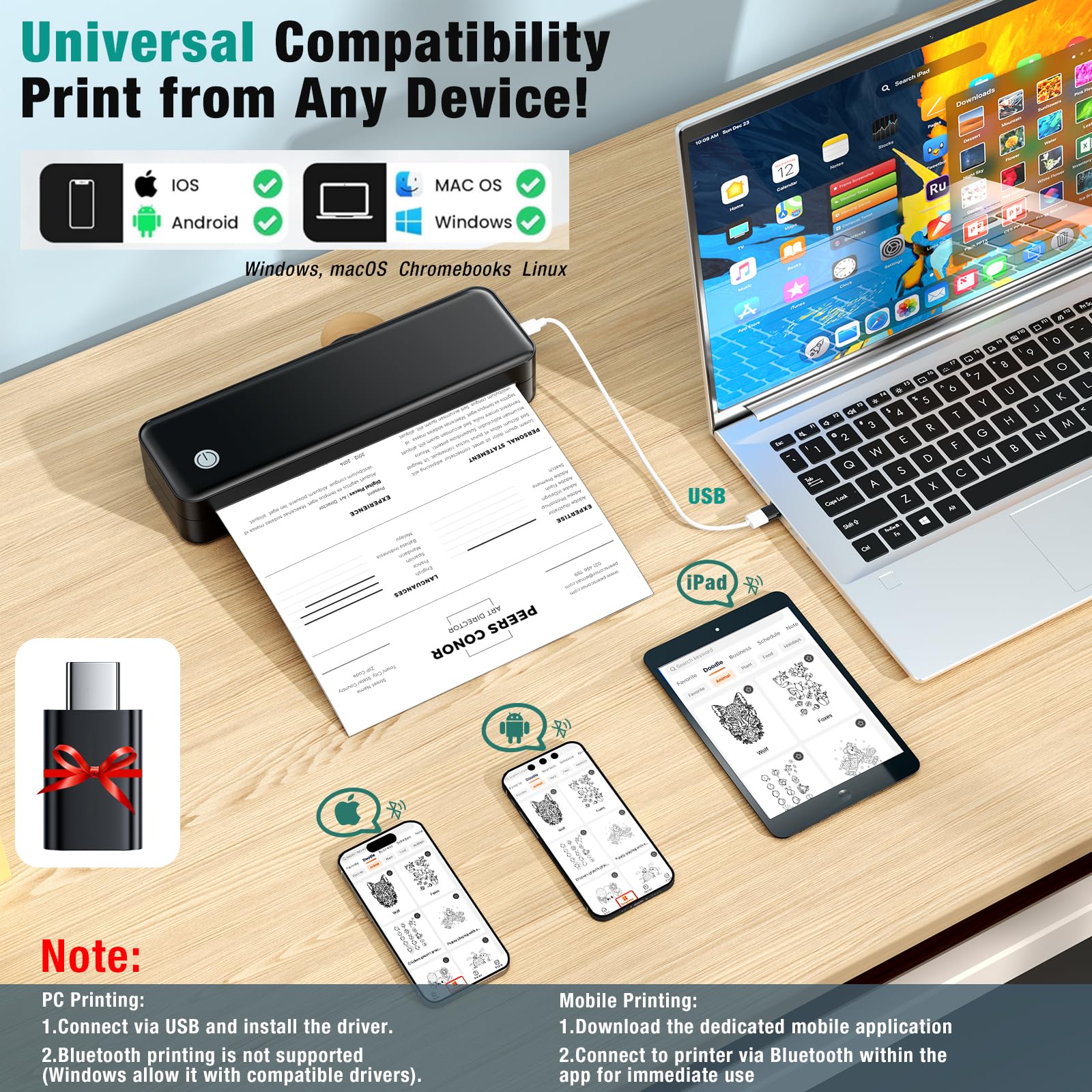 Portable Printer Wireless for Travel, Inkless Thermal Printer Supports 8.5 x 11 Inch Thermal Paper, Bluetooth Compatible with iOS, Android, Laptop Includes 2 Rolls & 10 Sheets of Paper Kit