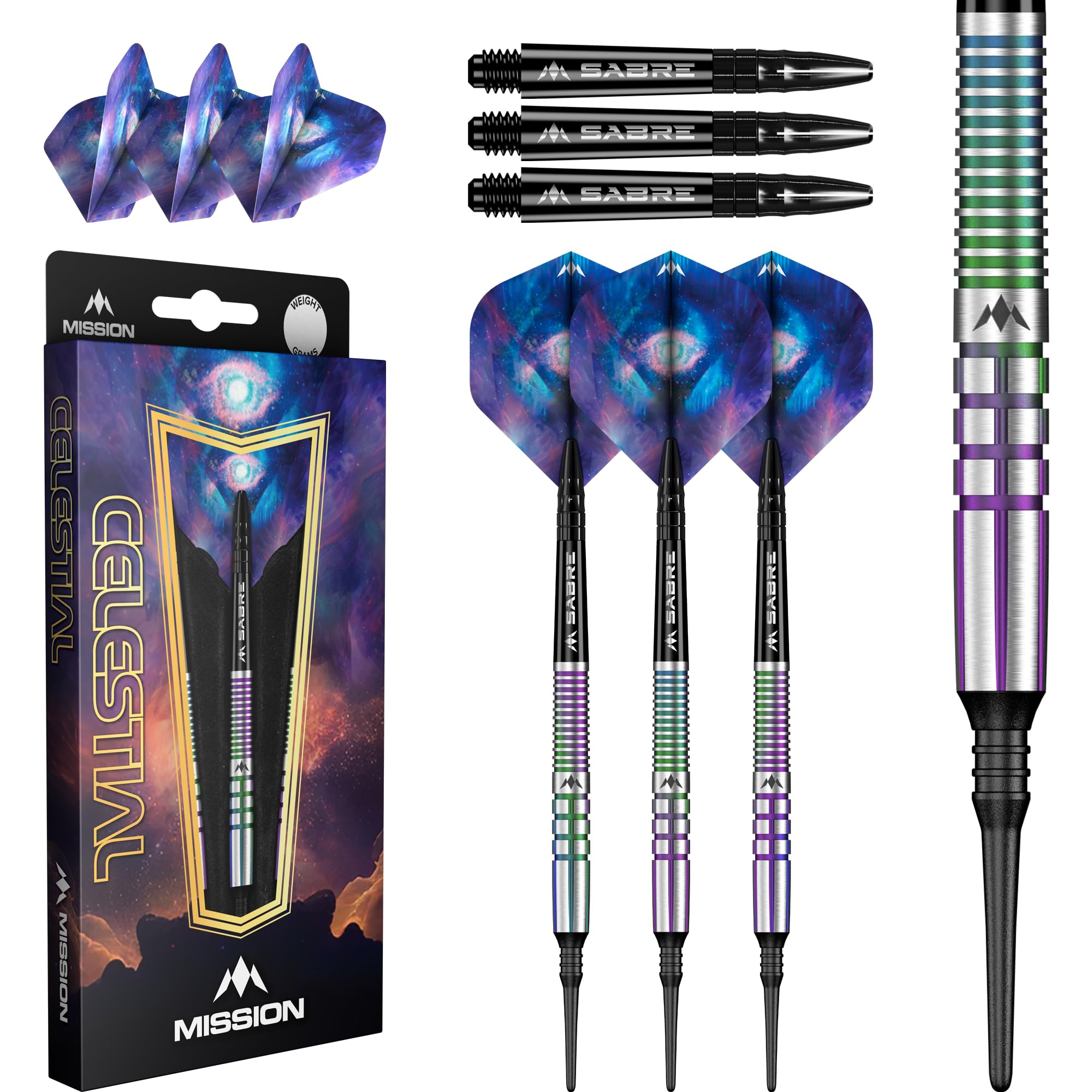 Mission Darts | Celestial Darts | Soft Tip Darts Set | 95% Tungsten Barrel | Coral PVD | Includes Dart Flights and Stems | 18g.