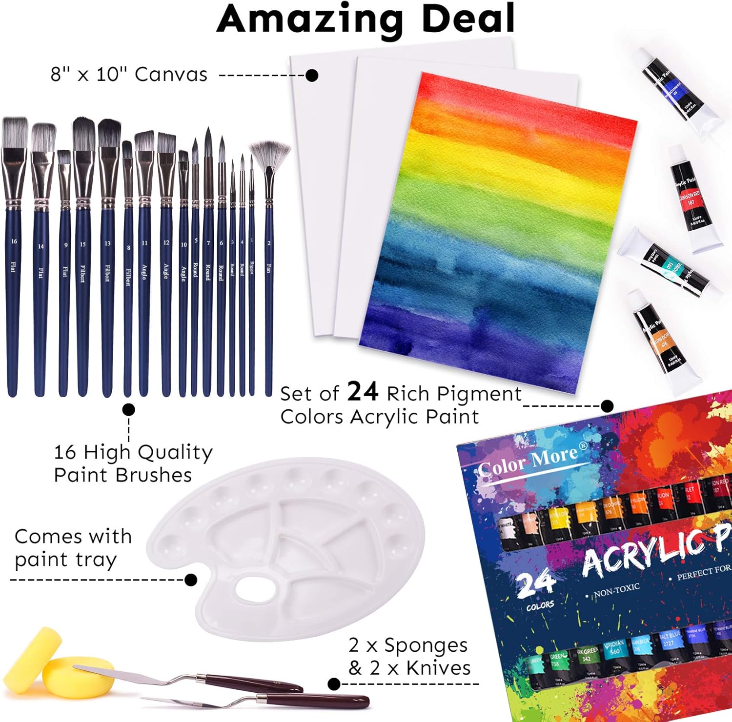 Acrylic Paint Set, 49 Piece Painting Supplies Set, Includes 24 Acrylic Paints, 16 Painting Brushes with Case, Paint Knife, Art Sponge and Canvas, Palette- Deluxe Acrylic Paint Kit for Artists, Students
