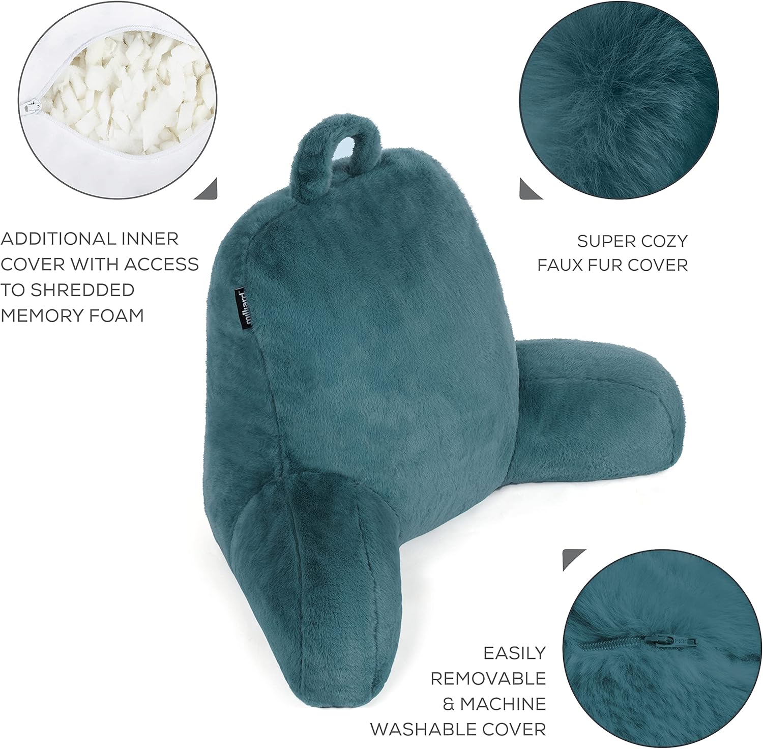 Milliard Reading Pillow with Shredded Memory Foam, Back Rest Pillow for Sitting in Bed with Faux Fur Removable Cover –18x15 inches (Blue): Kitchen & Dining