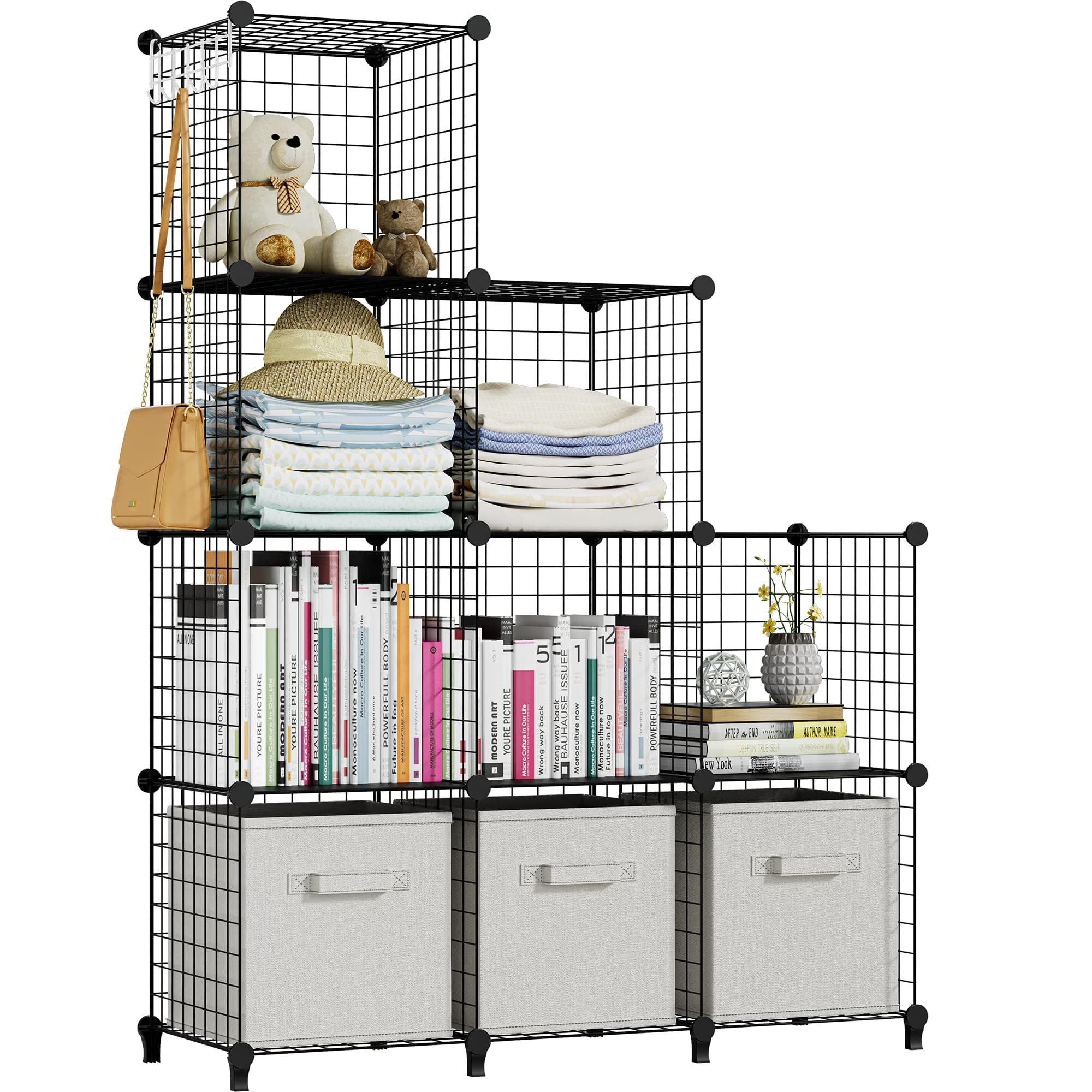 HOMIDEC 9 Cube Storage Unit, DIY Wardrobe Closet Cabinet Bookcase Bookshelf, Space Saving Metal Mesh Grid Wire Storage Shelves Organizer for Office/Living Room/Kitchen/Bathroom