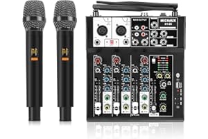 MICNAUX 4 Channel Audio Mixer, Karaoke Mixer with Dual Wireless Microphones, Professional Sound Board DJ Mixing Console MP3 Bluetooth 48V Phantom Power USB Interface for PC Studio Recording Party