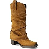 XBKXMK Brown Suede Fold over Boots Square Toe Chunky Block Heel Mid Calf Boots Pull on Cowboy Cowgirl Western Slouchy Ankle Booties