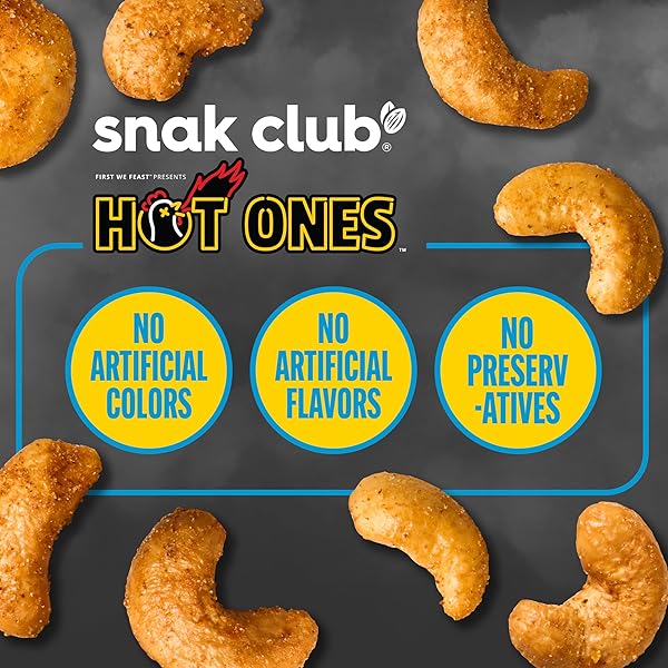 SNAK CLUB X HOT ONES HONEY ROASTED CASHEWS, SMOKY SWEET, SPICY NUTS, INSPIRED BY HOT ONES, VEGAN SNACK, 6 OZ RESEALABLE BAG