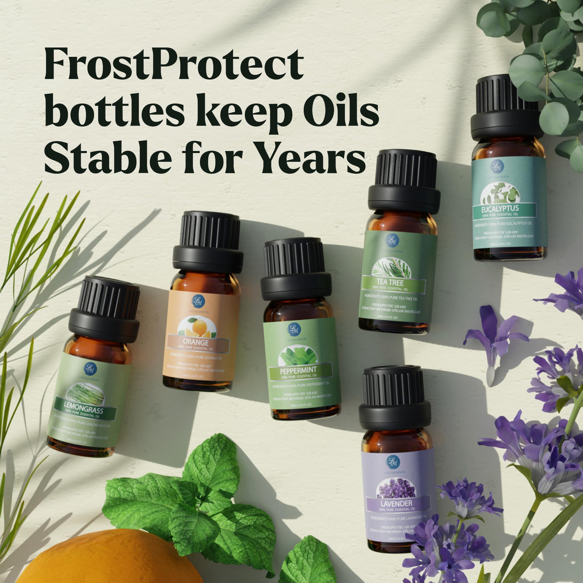 Lagunamoon Essential Oils Set, 10 Piece Aromatherapy Oil in Portable Bag - Diffusers, Humidifiers, Yoga, DIY Cleaning Products, Candle Making - Peppermint, Tea Tree, Lavender, Eucalyptus (10mL)