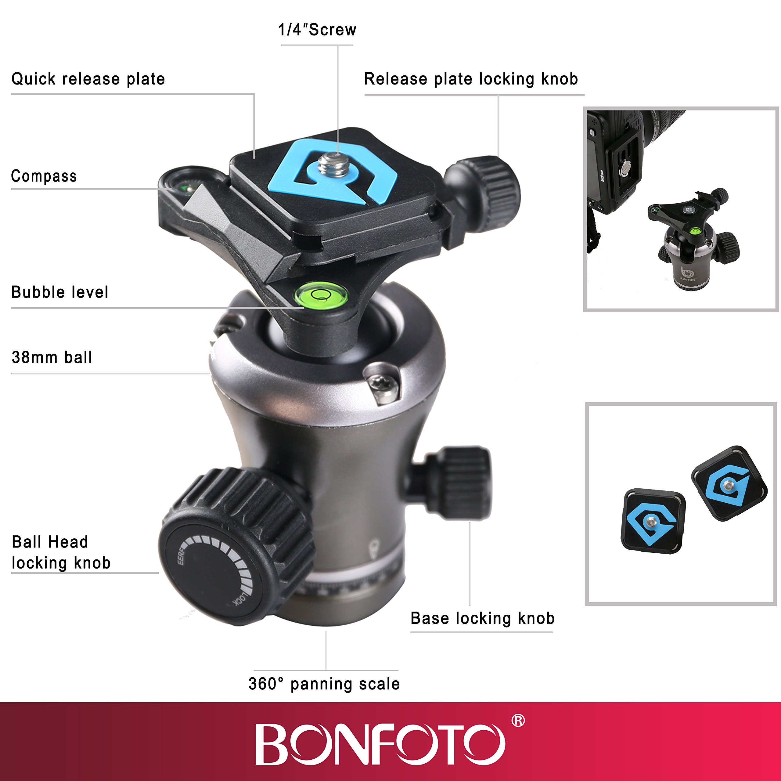 Travel tripod, BONFOTO Aluminum Camera B671A Tripod 55 inch Lightweight Travel with Two 1/4\