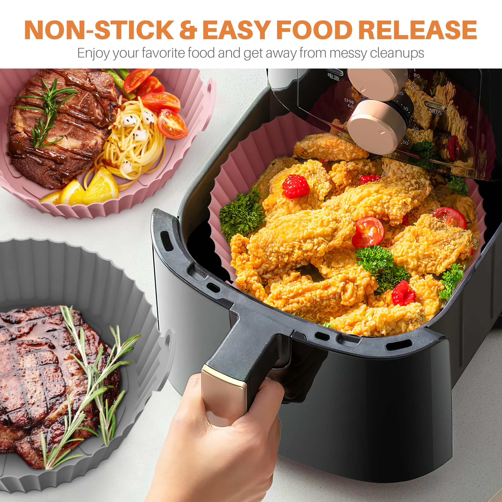 ME.FAN Air Fryer Silicone Liners for 4 to 7 QT [2 Pack] Reusable Air Fryer Basket with Handles & Holes Rose Pink + Light Grey