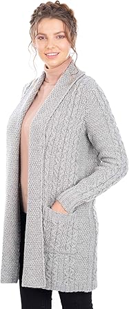 Saol 100 Merino Wool Irish Long Open Knit Ladies Cardigan At