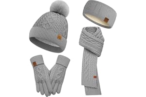 STSAIL Winter Beanie Hat Scarf Gloves Headband Set – Knit Beanie, Warm Scarf, Touchscreen Gloves & Ear Warmer, Gift for Women & Men