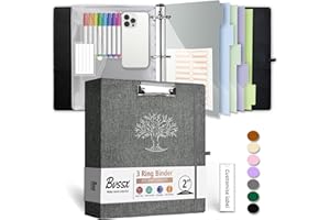 BVSSX 3 Ring Binder, 2 Inch Three Ring Linen Leather Binders Organizer with Clipboard for Letter Size Paper, Transparent Folder, 5 Tab Dividers, File Folder Labels, Pen Loop, Elastic Strap (Dark Grey)