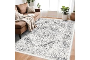 EISUROM Retro 5x7 Area Rug - Vintage Washable Rug for Living Room with Non-Slip Low-Pile Traditional Medallion Rugs with Stain Resistant Foldable Accent Distressed Rug Indoor Thin Rug
