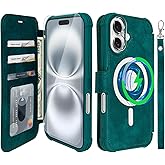 VANAVAGY Compatible for iPhone 16 Wallet Case for Magsafe Wireless Charging, PU Leather Flip Folio Case [Screen Protector & Camera Lens Cover] with Strap RFID Blocking Card Holder,Midnight Green