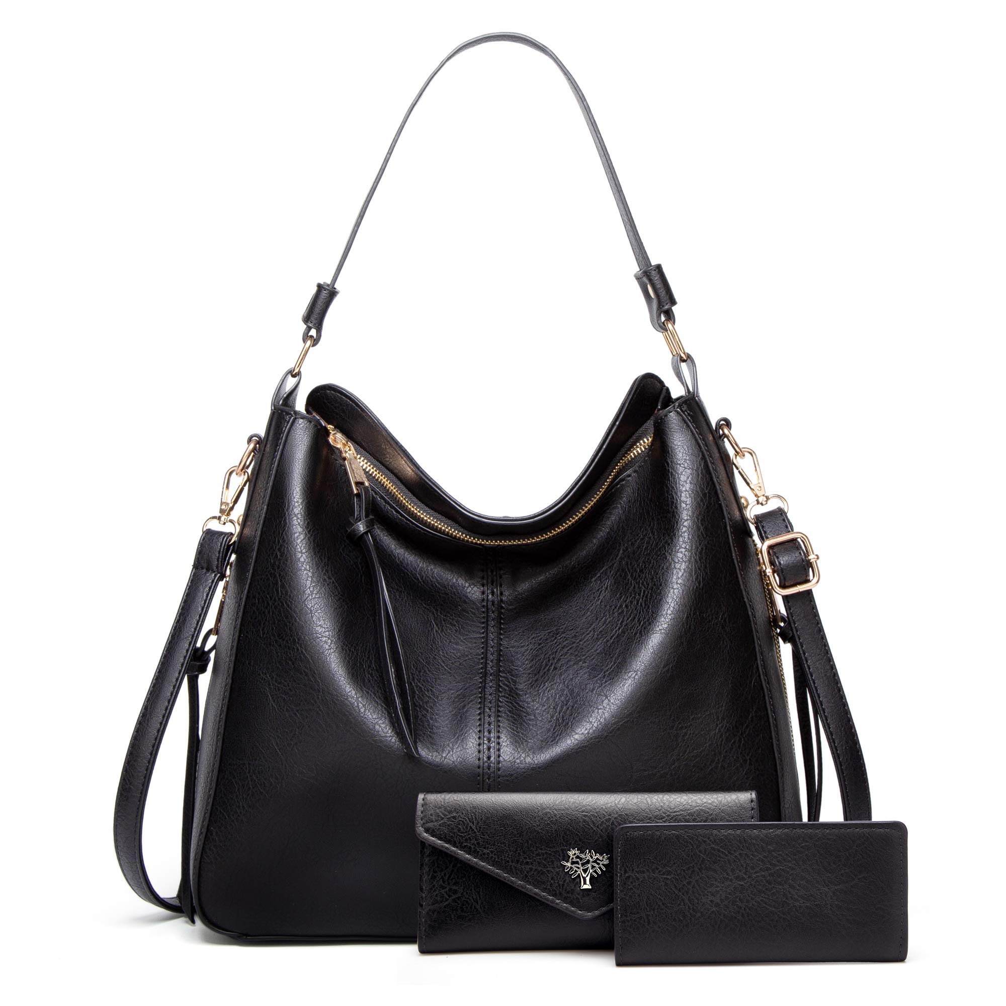 BestoU Handbags for Ladies Black Large Leather Purses for Women Tote Messenger Shoulder Crossbody Bag Set Including a Purse and Card Bag (Black)