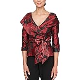 Alex Evenings Womens 3/4 Sleeve Portrait Collar Printed Stretch Jacquard Blouse with Tie Belt