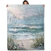 Ocean Beach Blanket 50x60 in, Flannel Throw Blankets for Travel Camping Sofa Living Room Decor, Lightweight Cozy Soft Fuzzy Gifts for Women Adults Kids