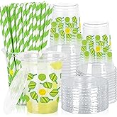 FYSUIMU 50Pcs 12Oz Pickleball Plastic Cups with Lids & Straws Disposable Clear Drinking Cups for Sport Theme Birthday Baby Shower Party Supplies