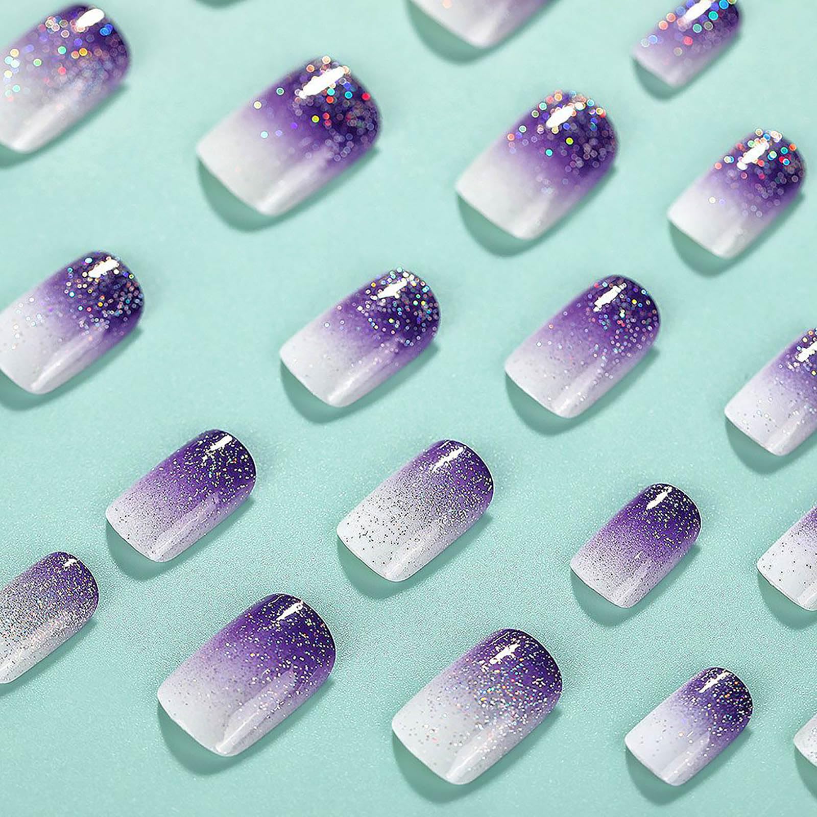 Square Press on Nails Short Fake Nails Purple French Tip False Nails Ombre Glue on Nails with Glitter Designs Nails Press ons Acrylic Nails Glossy Stick on Nails for Women and Girls 24Pcs - Image 3