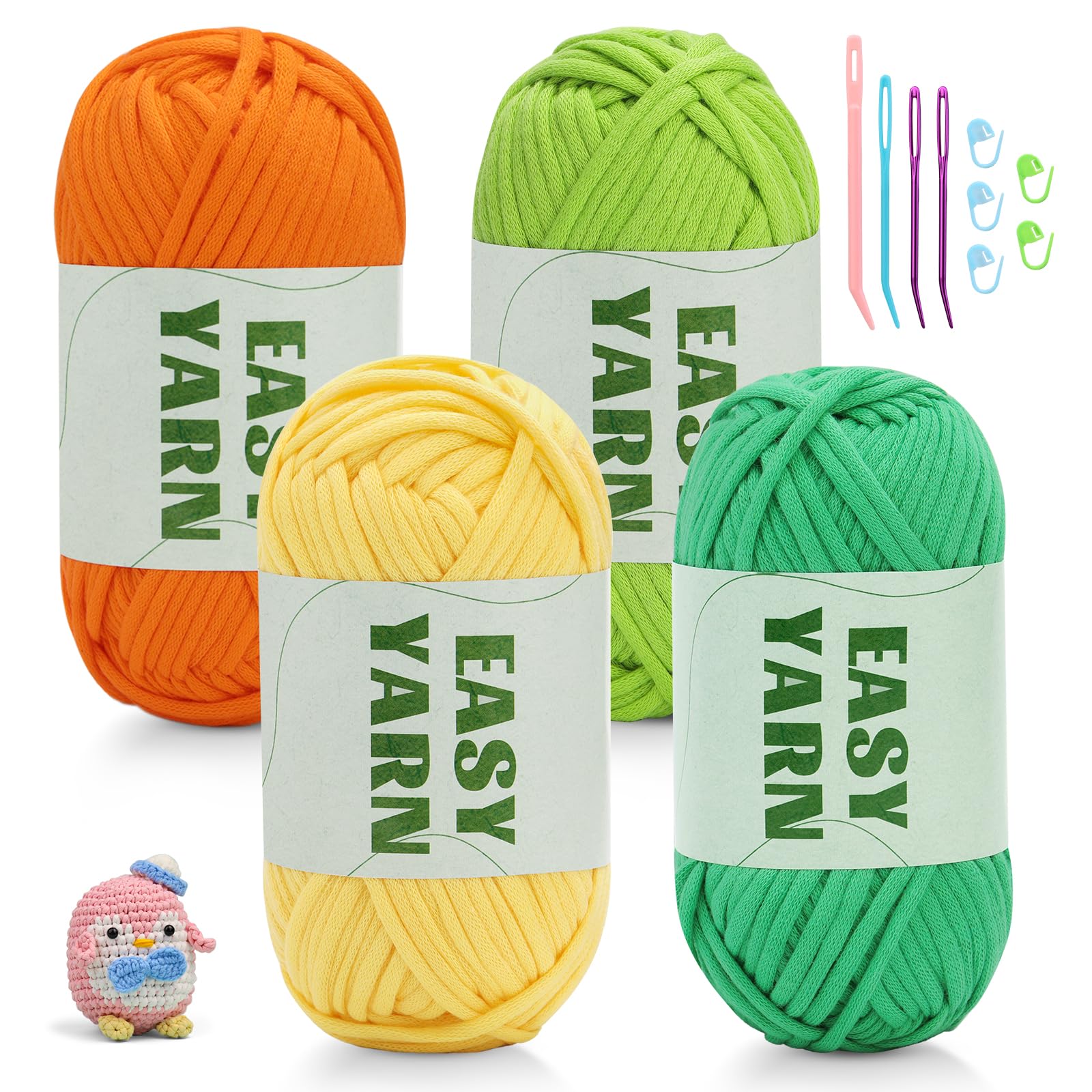 4x50g Chunky Yarn for Crochet, Cotton Yarn, Easy Crochet Yarn for Crochet with Easy-to-See Stitches, Stitch Markers, Easy Crochet Starter Kit for Beginners Orange Yellow Green Green